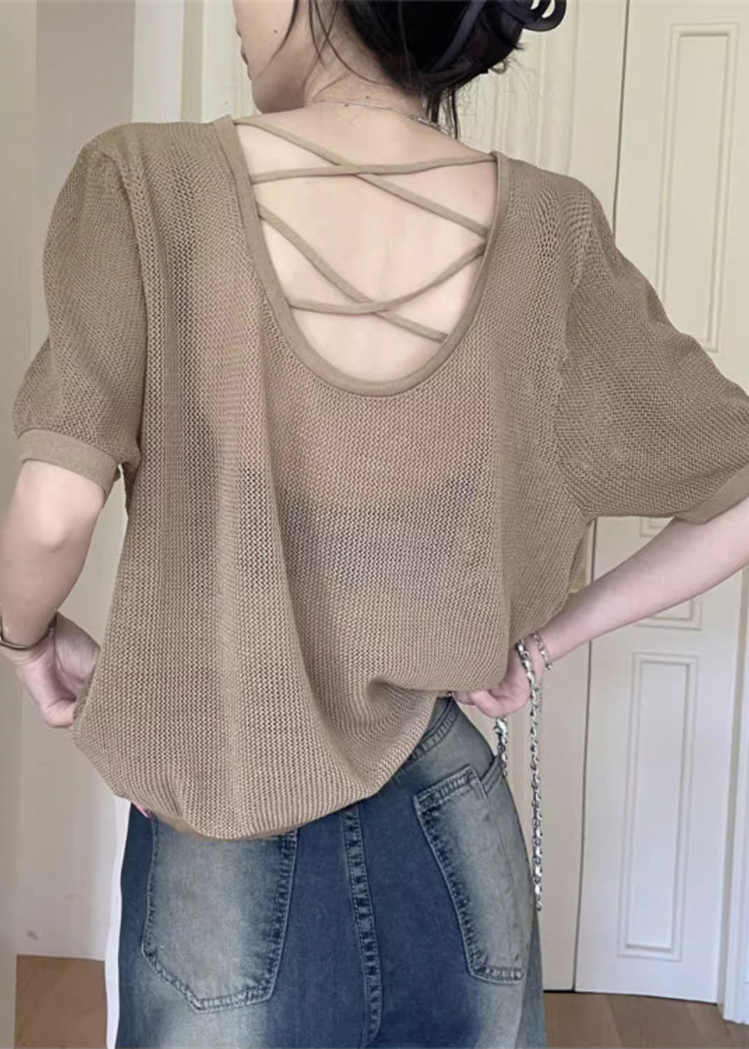 Women's Khaki T Shirt Round Neck Breathable Lightweight - OutfitLondon