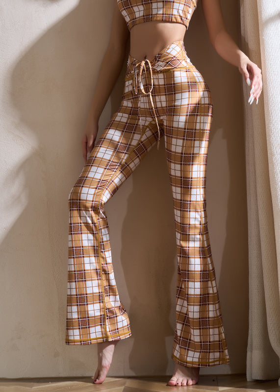 Women's Flared Yoga Pants Cotton Plaid Khaki Soft Breathable - OutfitLondon