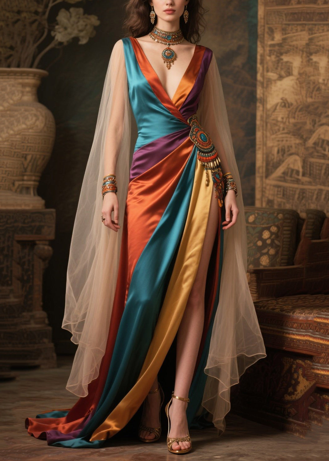 Women's Patchwork Maxi Dress Silk Blend V Neck Bold Color Block - OutfitLondon