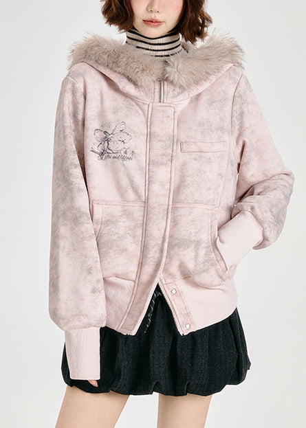 Women Cotton Hoodie Faux Fur Collar Rose Pink Lightweight - OutfitLondon