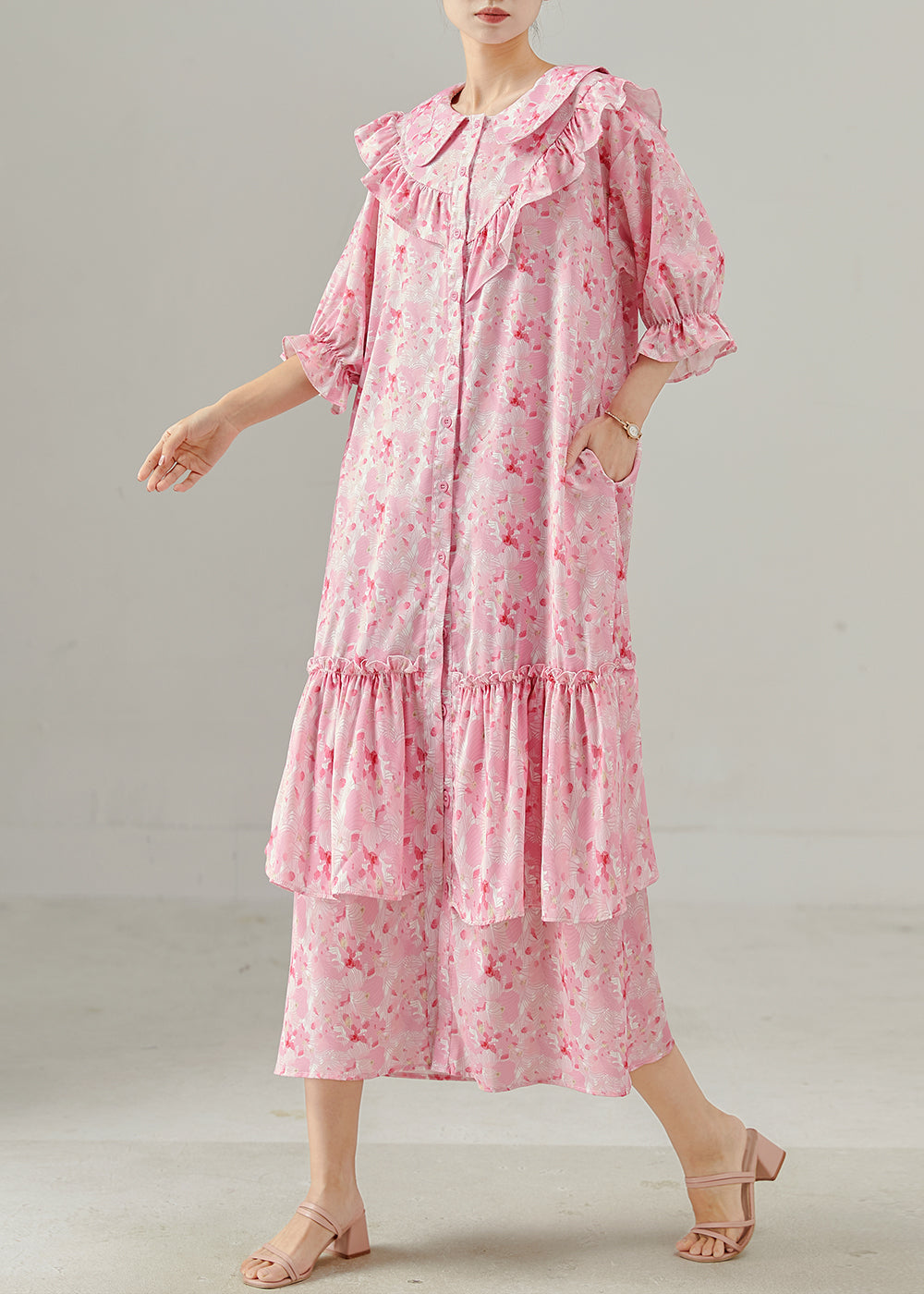 Women's Pink Silk Chiffon Ruffle Dress - OutfitLondon