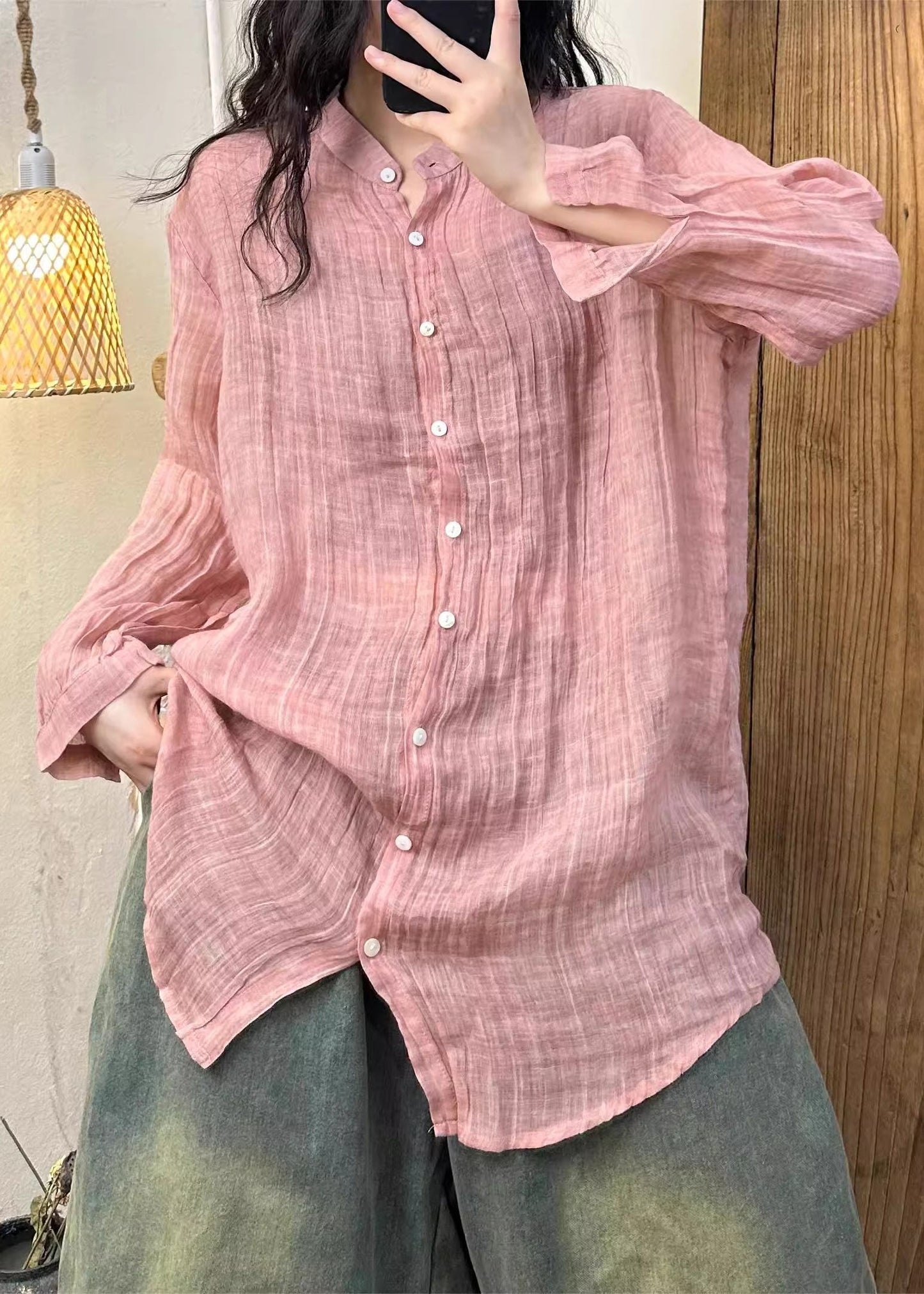 Women's Pink Linen Blend Blouse Cotton Relaxed Fit - OutfitLondon