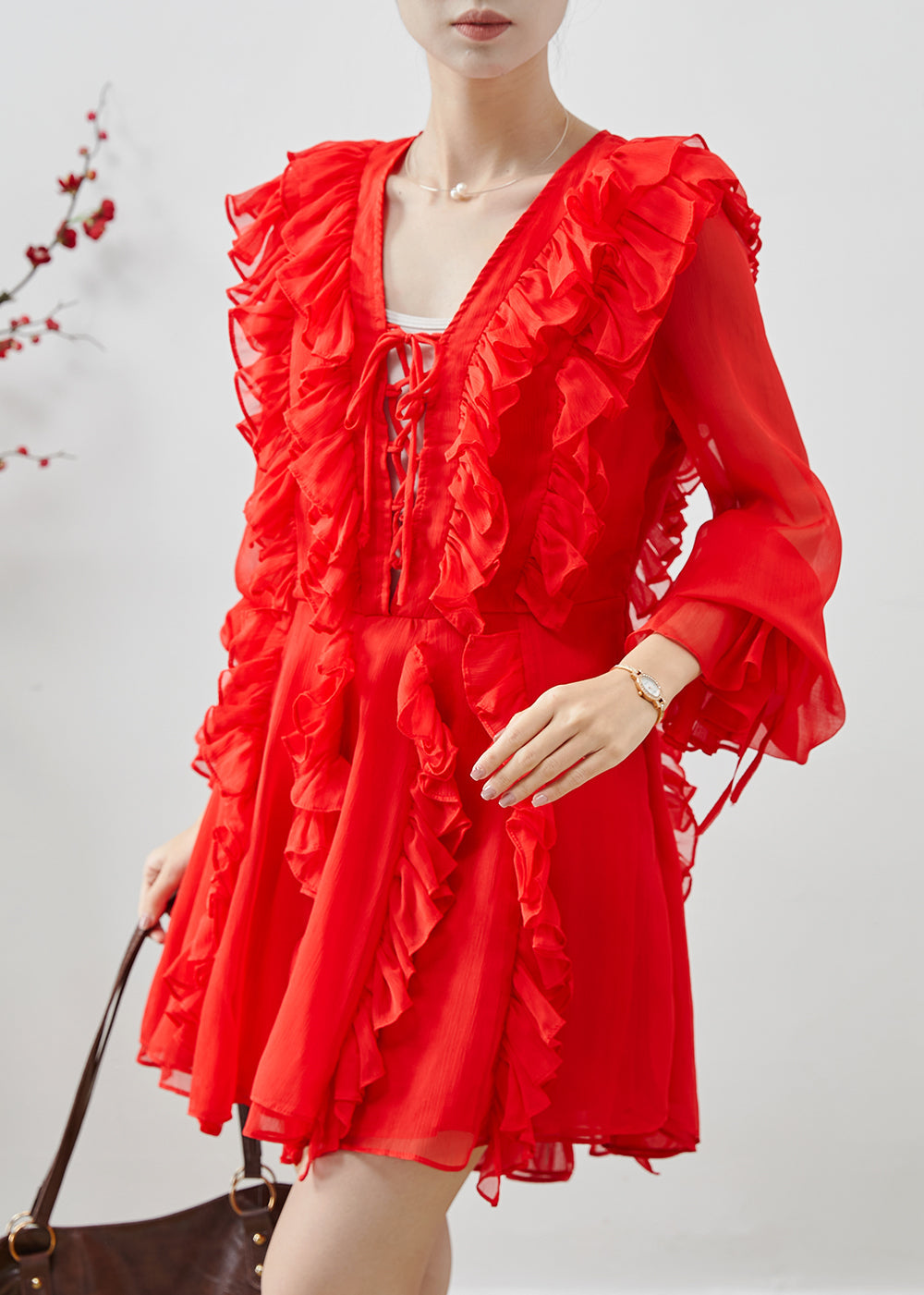 Women's Silk Chiffon Ruffle Mini Dress Red Lightweight - OutfitLondon