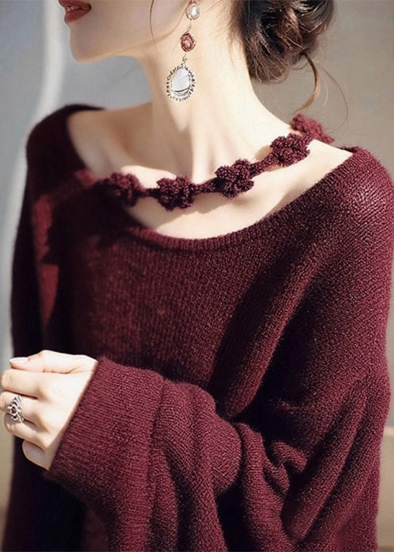 Women's Burgundy Knit Sweater Round Neck - OutfitLondon
