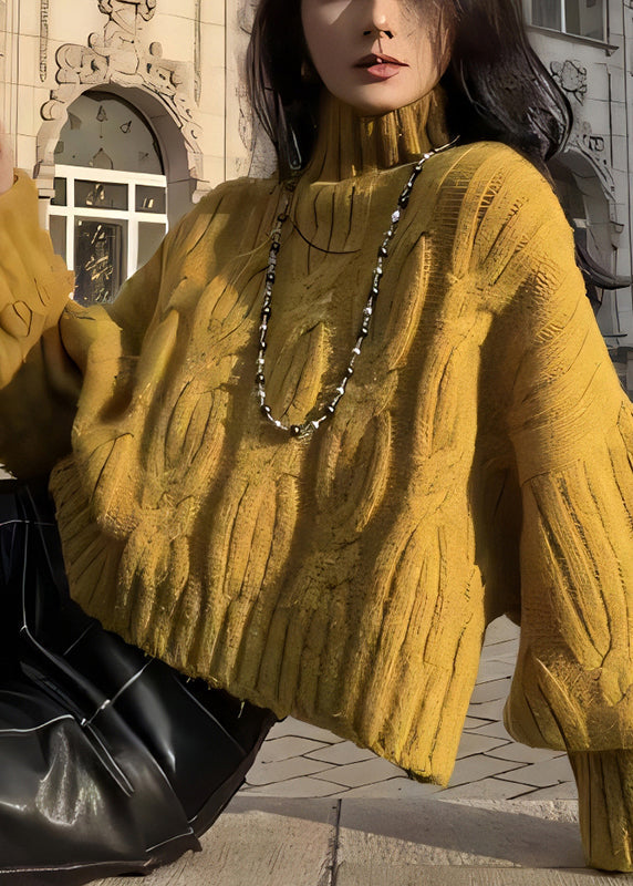 Women's Turtleneck Sweater Soft Knitted Yellow - OutfitLondon