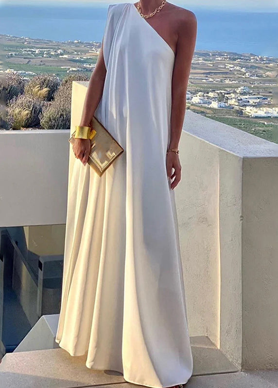 Women's One Shoulder Maxi Dress White Asymmetric - OutfitLondon
