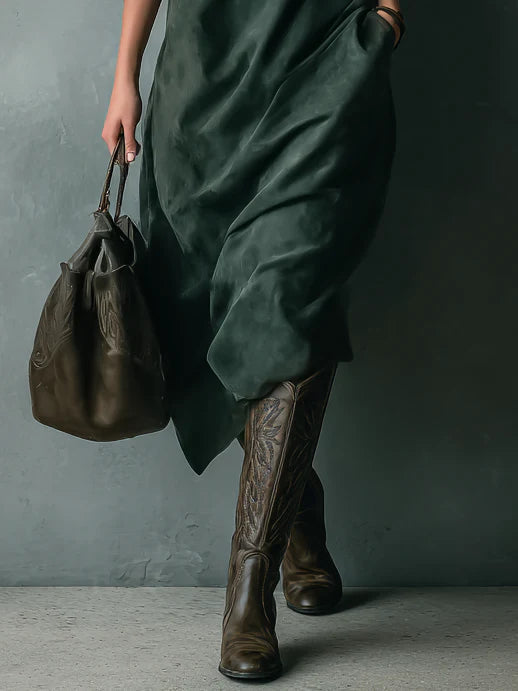 Soft Olive Suede Long Sleeve Midi Dress