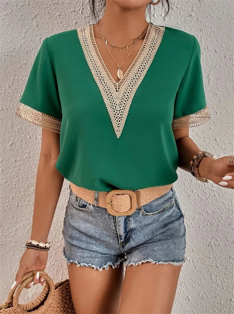 Chic V-Neck Blouse with Pretty Lace Details