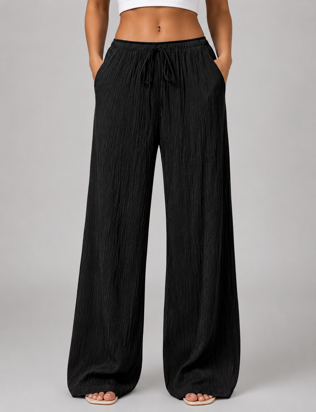 Women's Casual Crinkle Wide Leg Trousers with Drawstring Waist