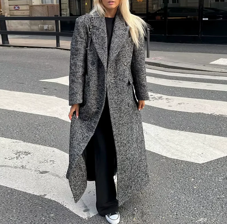Classic Women's Wool Overcoat - Tailored Fit Herringbone Pattern - OutfitLondon