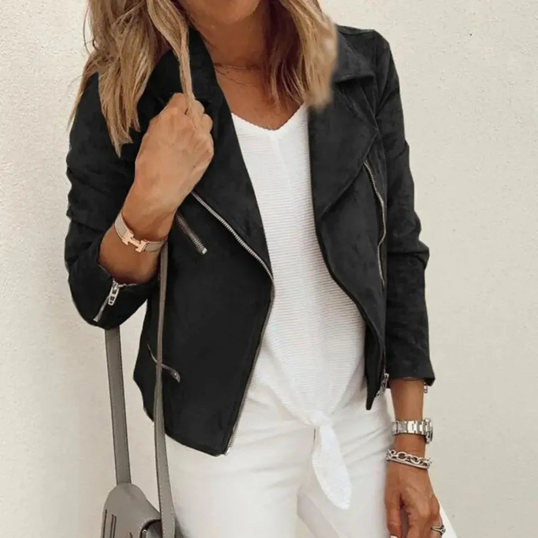 Women's Fake Leather Biker Jacket with Slim Fit