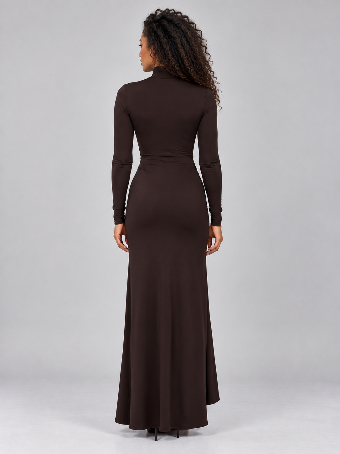 Women's Elegant High Neck Ruched Maxi Dress with Long Sleeve and Side
