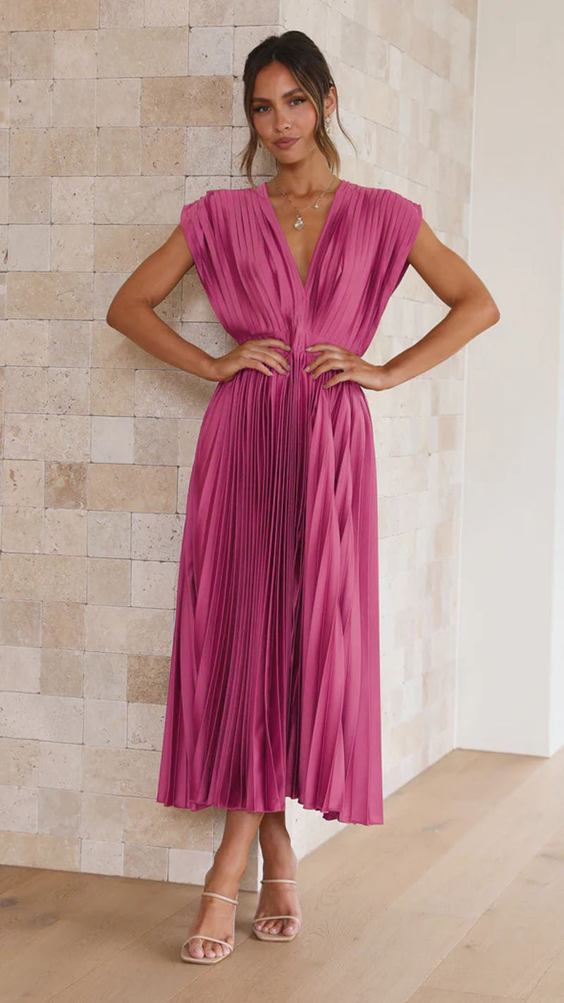 Elegant Sleeved V Neck Floor Length Dress for Women