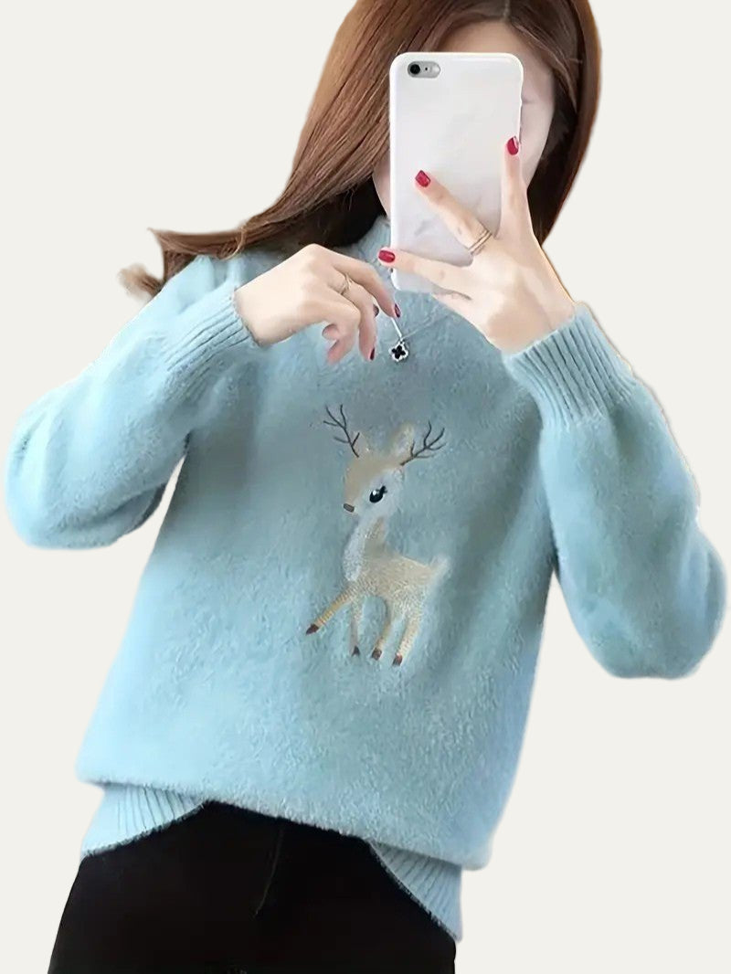 Soft Warm Deer Patterned Mock Neck Sweater