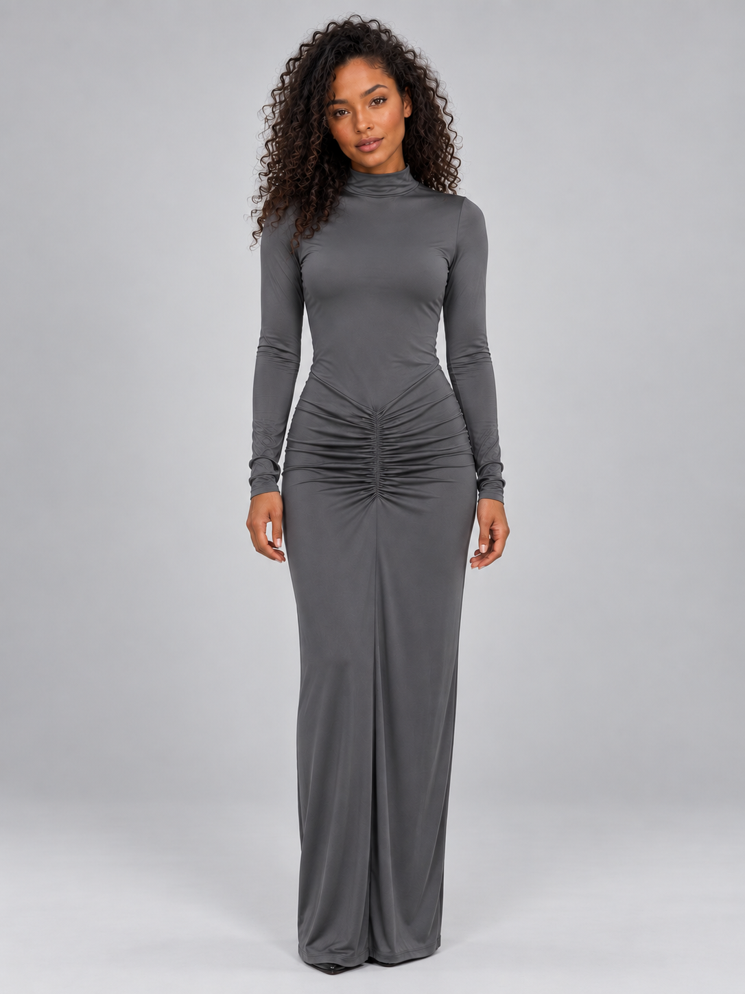 Women's Elegant Ruched High Neck Maxi Dress with Long Sleeves