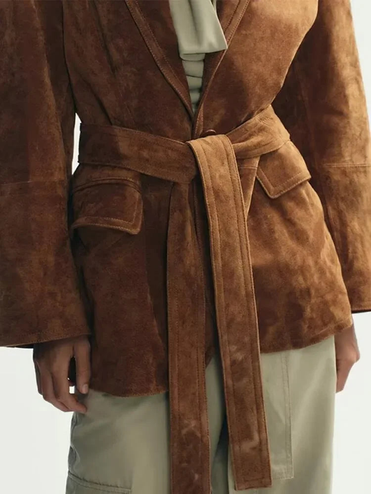 Warm Womens Suede Trench Coat with Pockets
