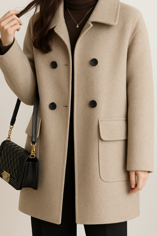 Warm Women's Double Breasted Long Coat with Pocket Details