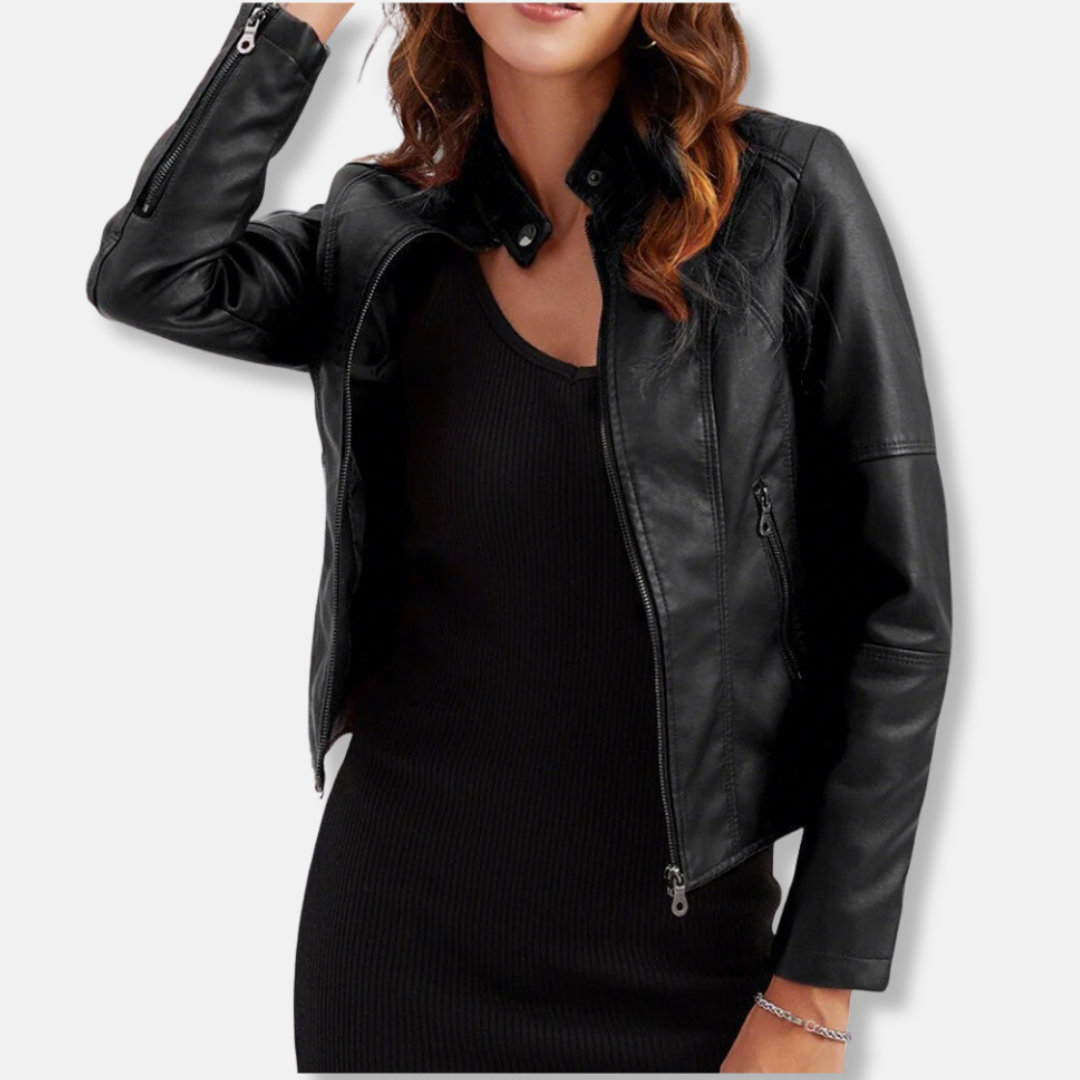 Women's Fitted Leather Jacket with Zip Pockets