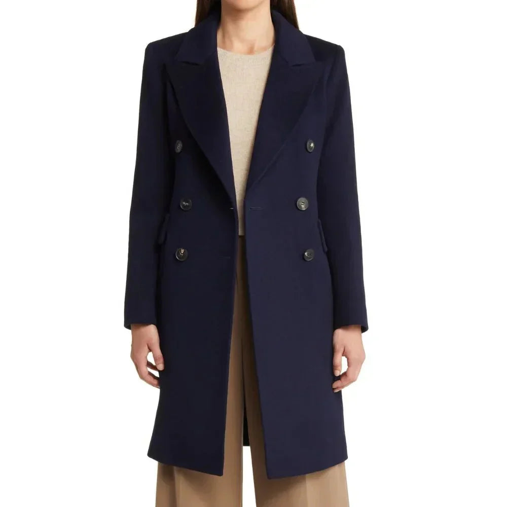 Women's Wool Trench Coat Dark Blue Double-Breasted - OutfitLondon