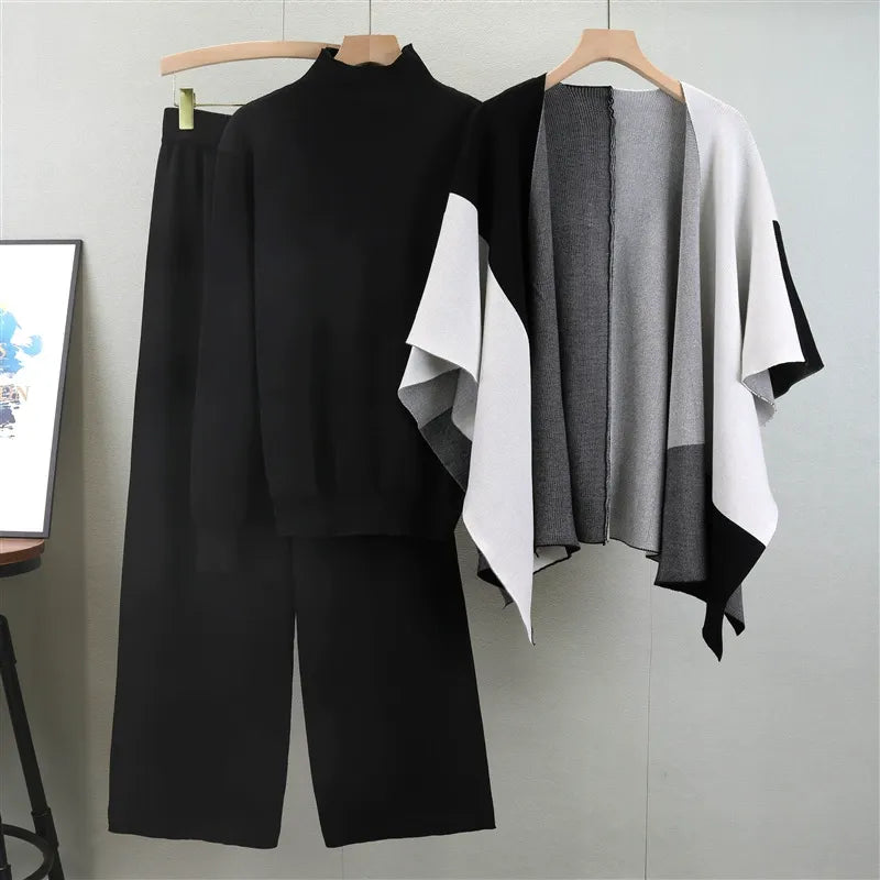 Women’s Knitted Three-Piece Set – Relaxed Fit – Wool Blend – Soft Mock Neck Sweater