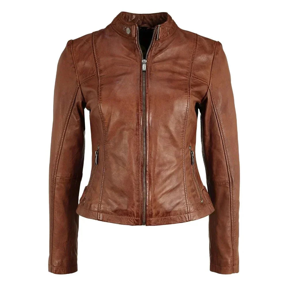 Women's Leather Jacket Stand Up Collar Brown - OutfitLondon