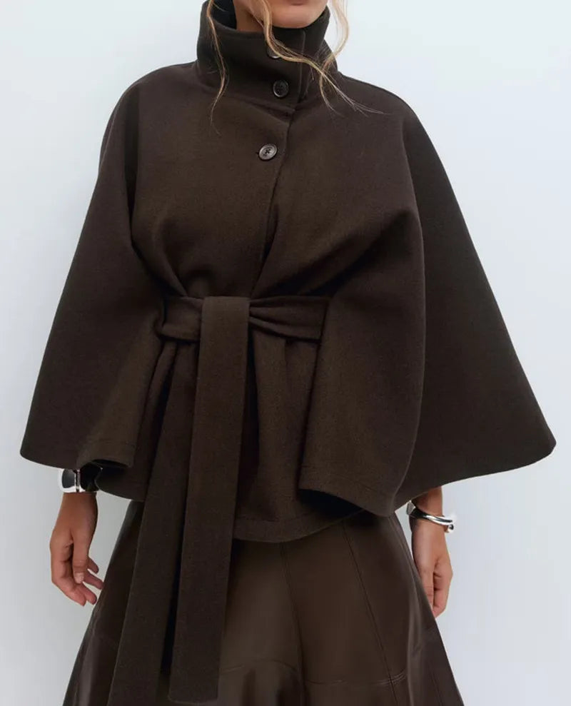 Chic Short Trench Coat - Belted Waist, Cape Style Sleeves