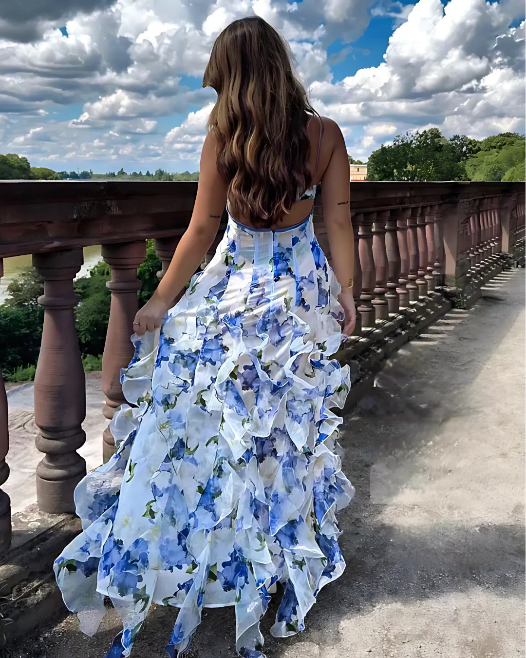 Women's Floral Maxi Dress Ruffle Design