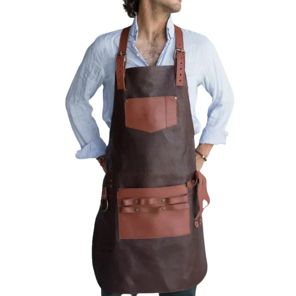 Men's Leather BBQ Apron With Pockets - OutfitLondon
