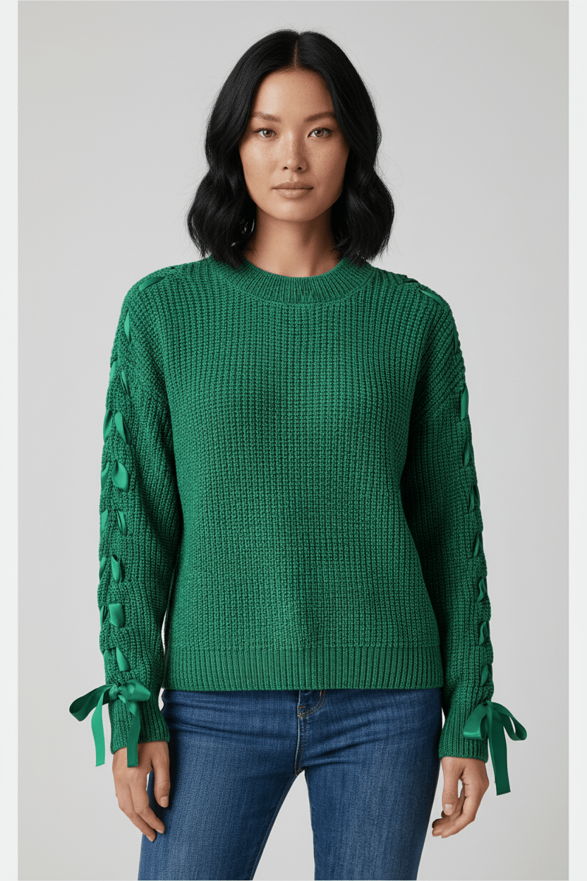 Relaxed Fit Women's Cable Knit Sweater with Tied Sleeves