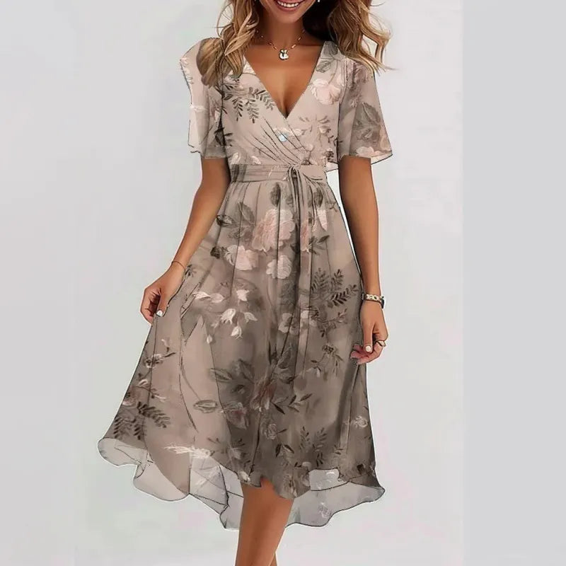Elegant Flower Pattern Midi Dress - OutfitLondon