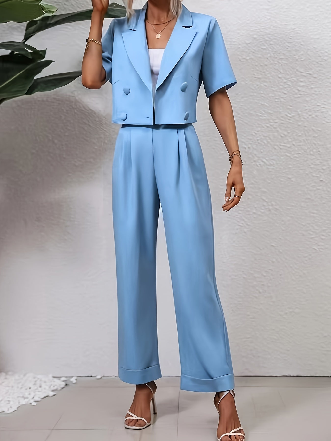 Fashionable Mini Jacket and Wide Leg Pants Set - OutfitLondon