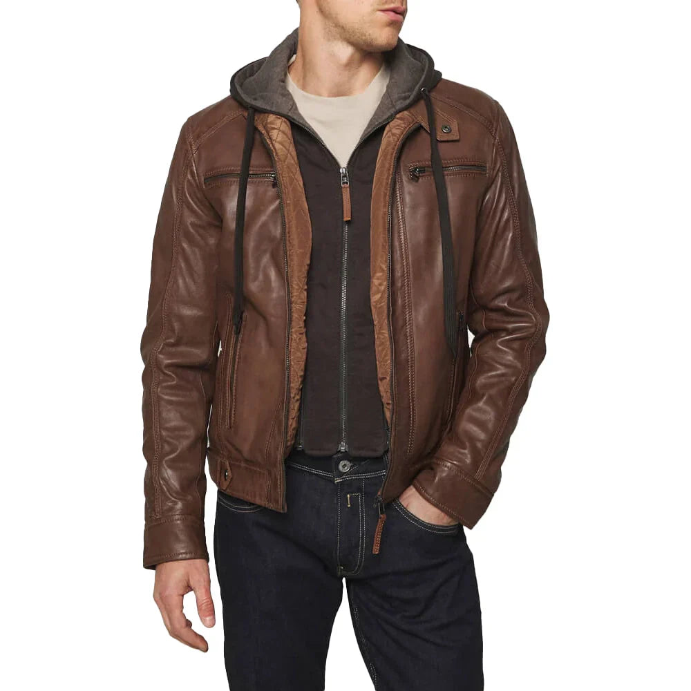 Men's Leather Bomber Jacket Brown Removable Hood - OutfitLondon