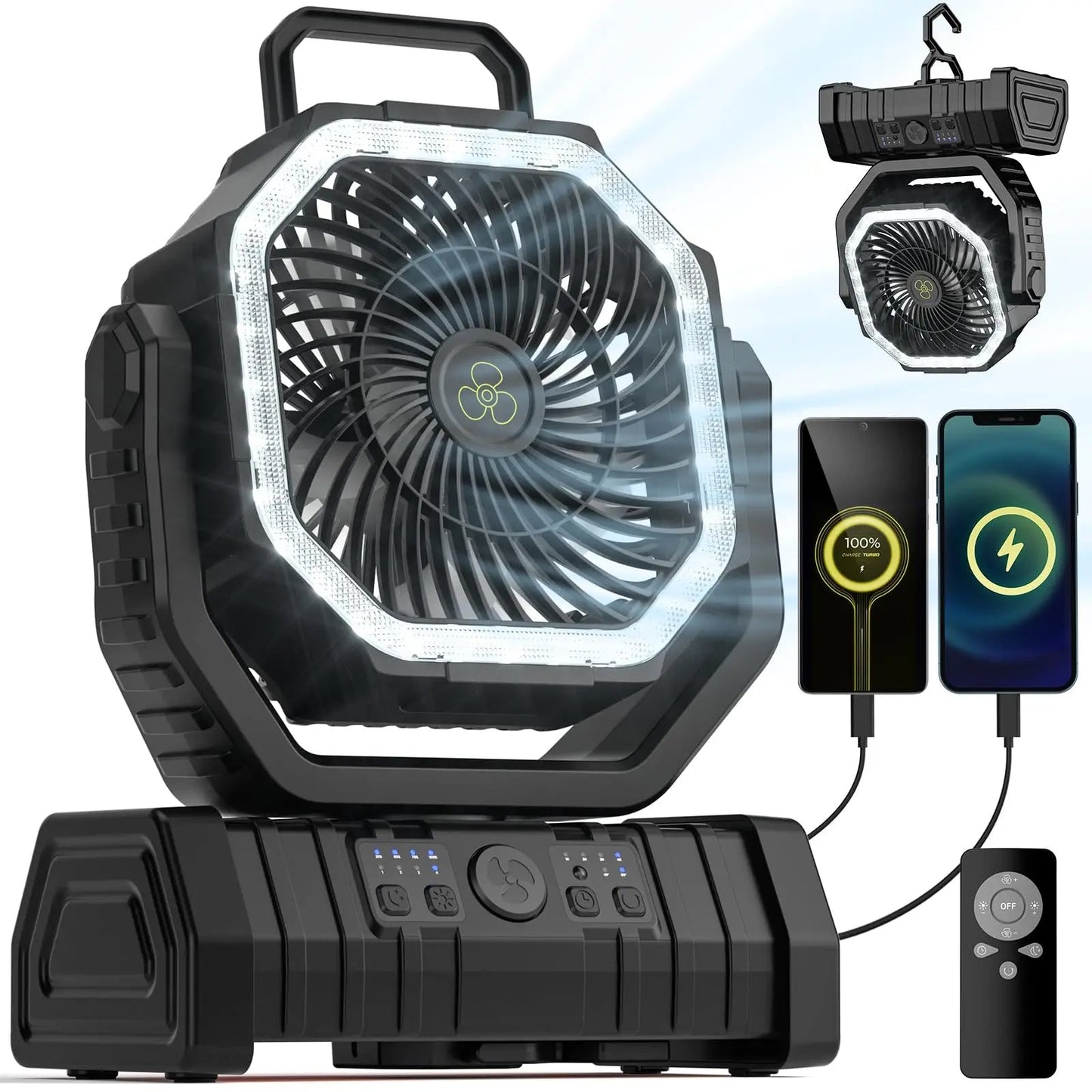 Compact Camping Fan with LED Light and USB Charger