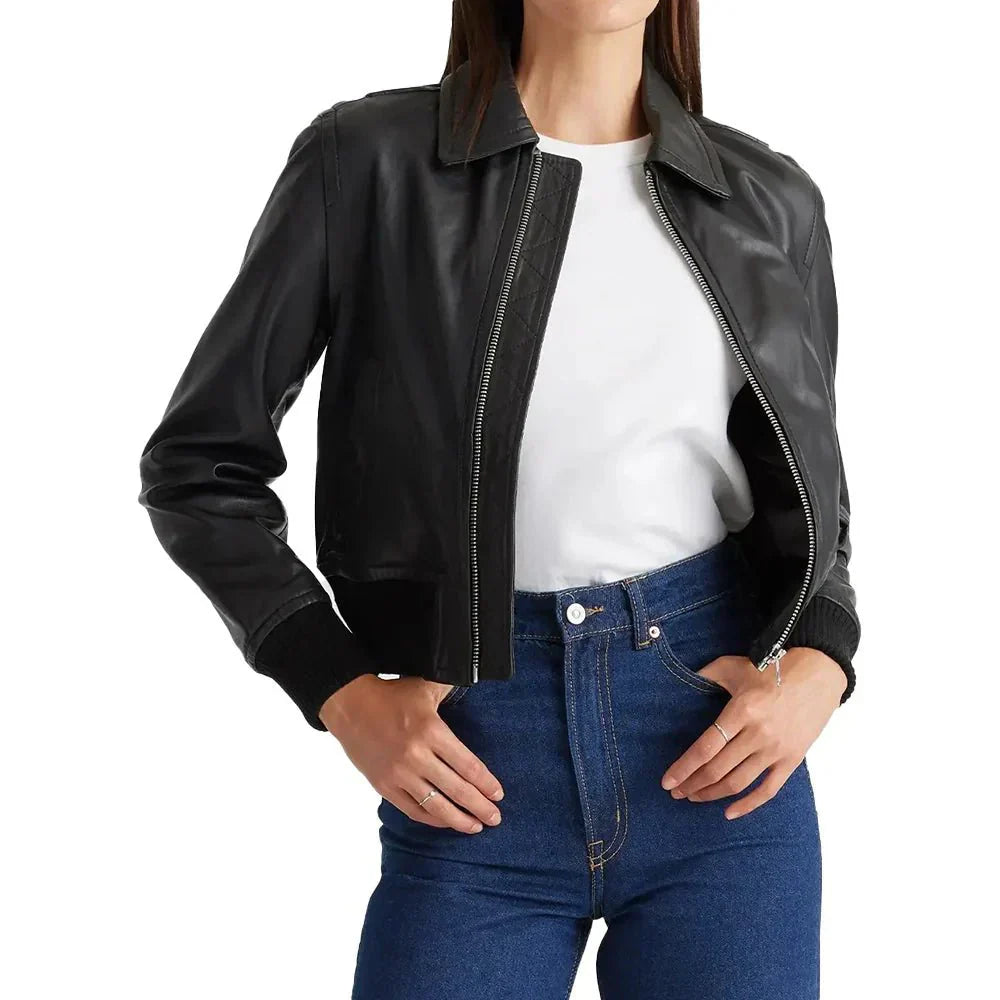 Women's Leather Bomber Jacket Black Cropped - OutfitLondon