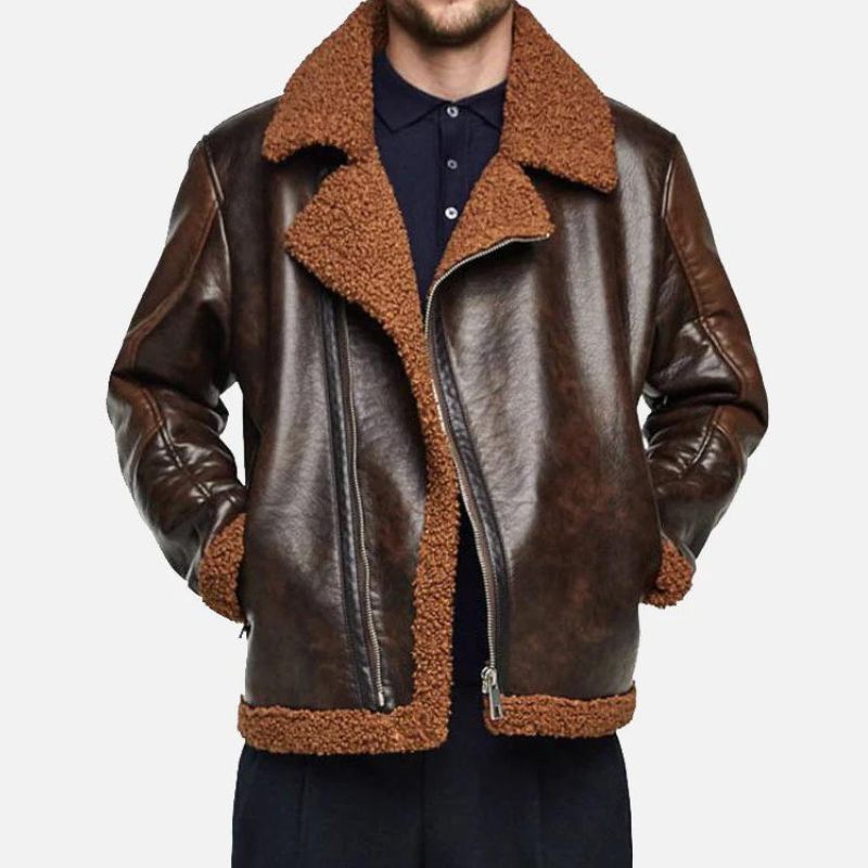 Men's Shearling Leather Jacket Brown - OutfitLondon