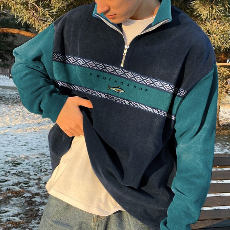 Colorblock Fleece Zip Up Men's Jacket