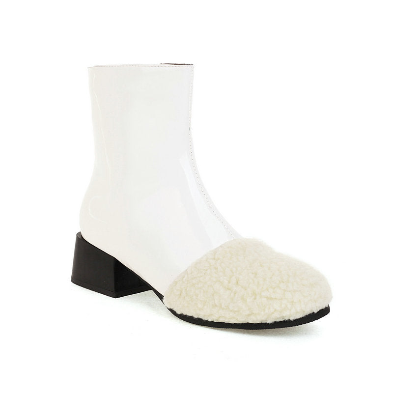 Winter Leather Waterproof Ankle Boots Block Heel Warm Snow Booties