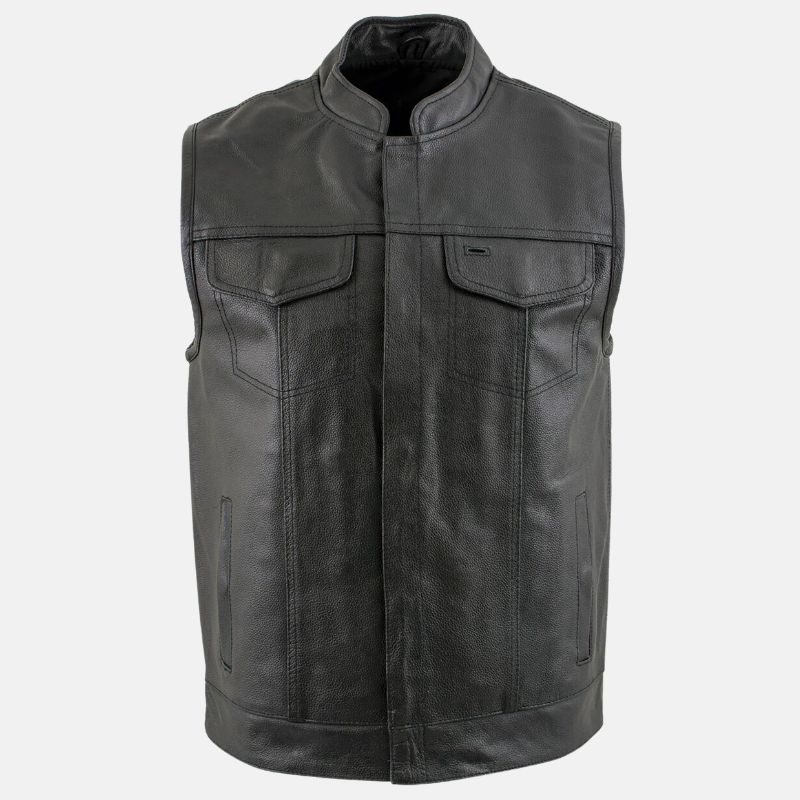 Mens Leather Biker Vest Black Leather Stand Up Collar - OutfitLondon
