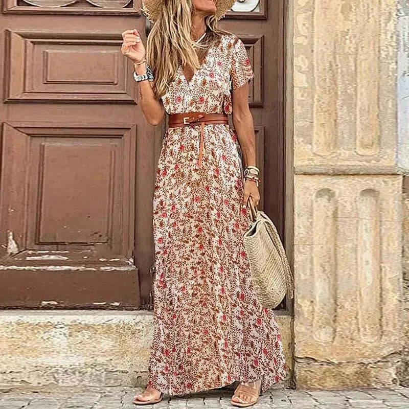Elegant V-Neck Waist Belt Maxi Dress for Women