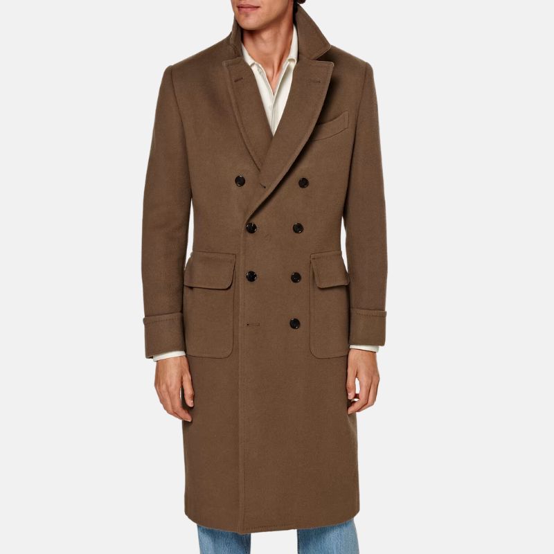 Men's Wool Trench Coat Dark Brown Double Breasted - OutfitLondon