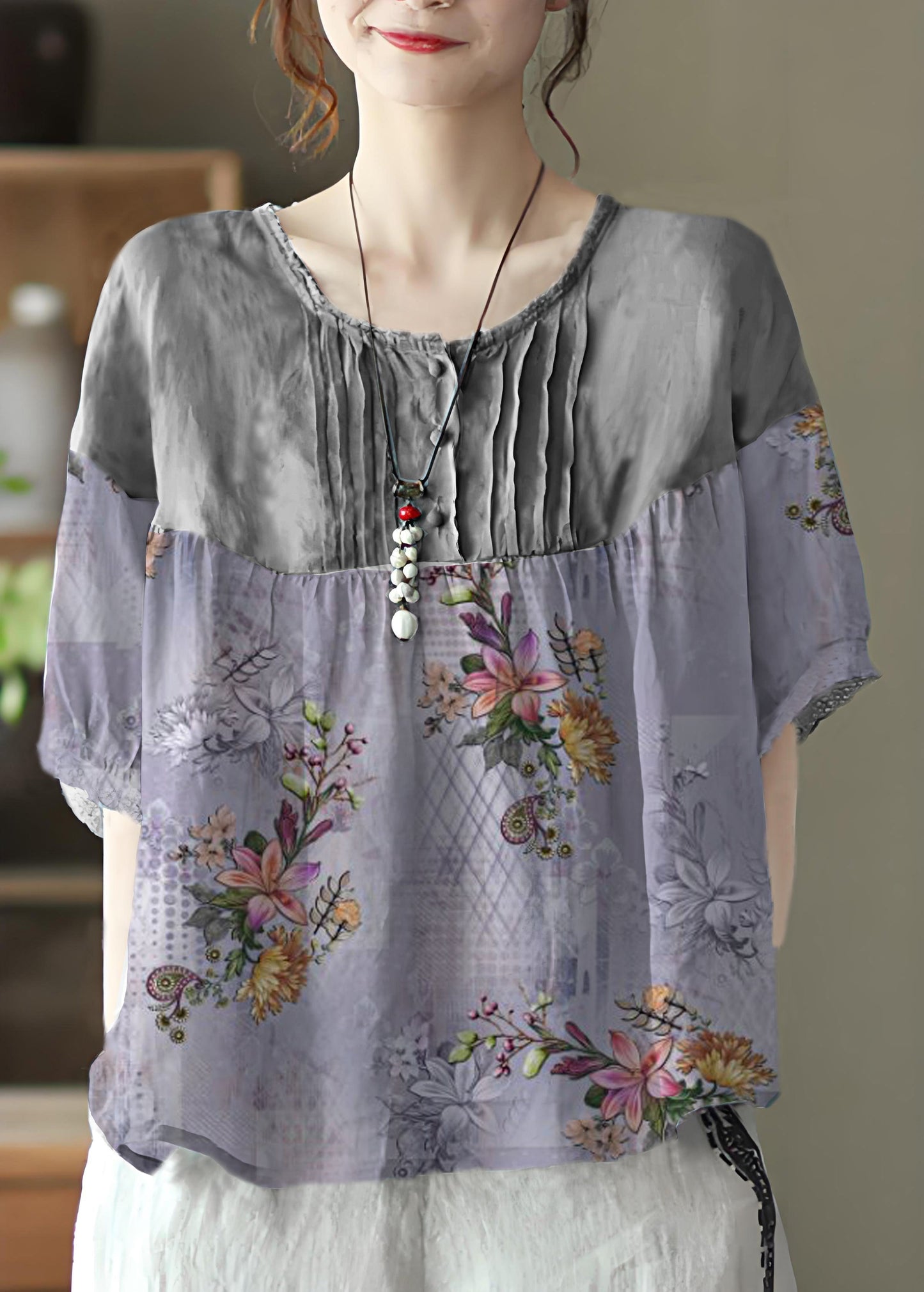Women's Linen Blend Mid Sleeves Gray Floral Purple Breathable - OutfitLondon