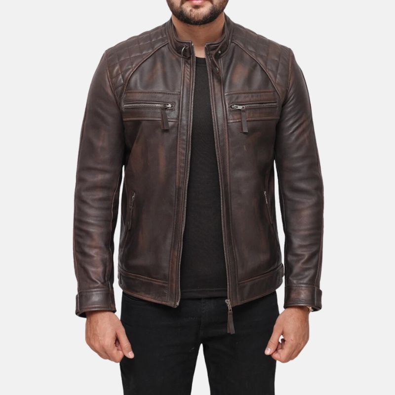 Men's Brown Leather Biker Jacket Quilted Shoulders Zip Pockets - OutfitLondon