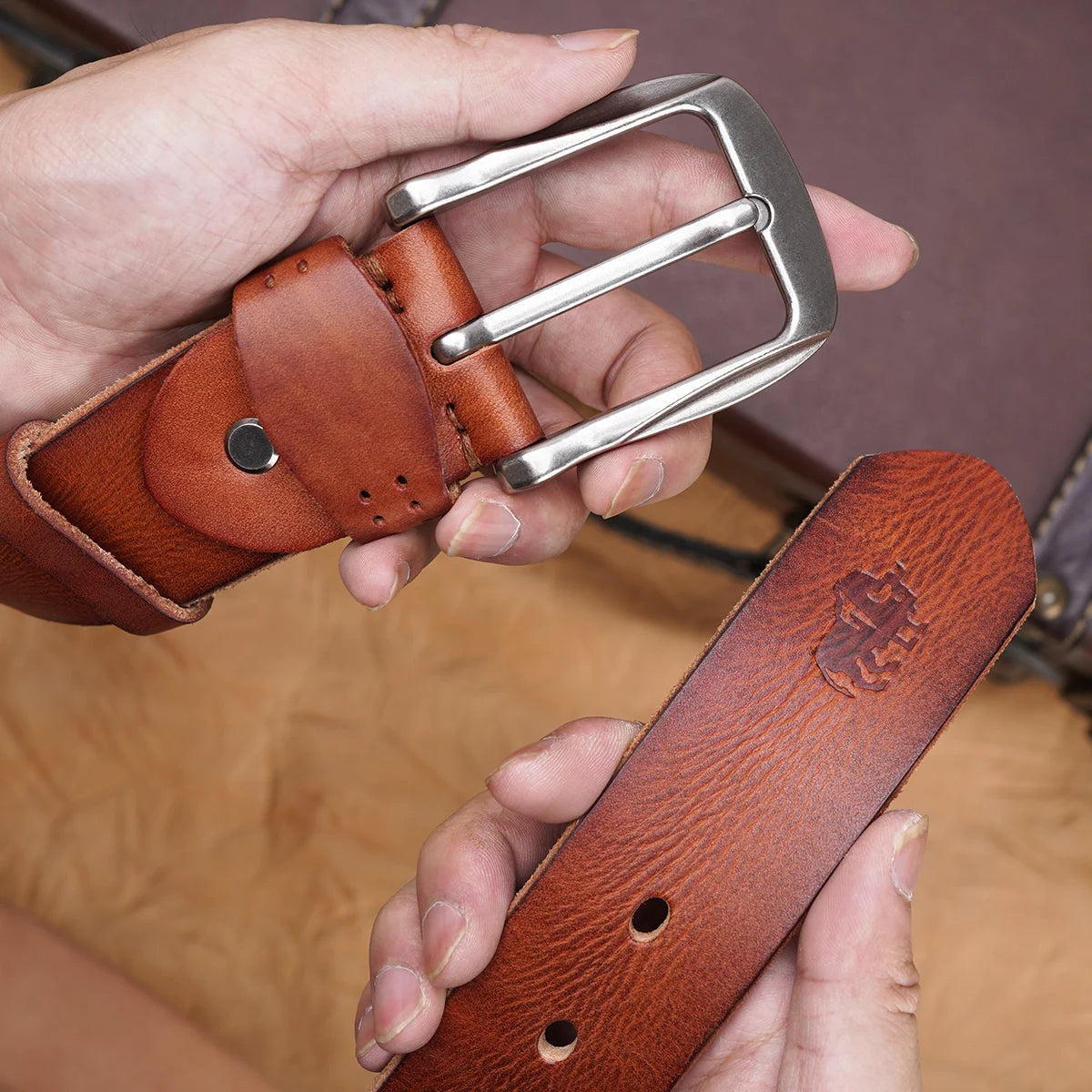 Brown Leather Belt with Traditional Metal Buckle