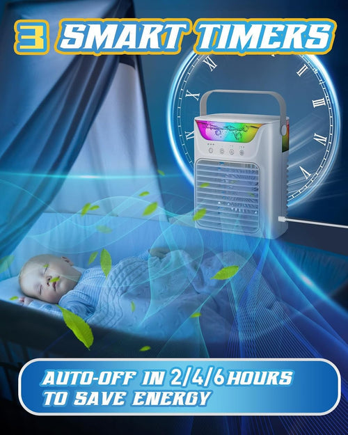 Portable Air Conditioner Fan – 3 Speeds & Colorful LED Lights