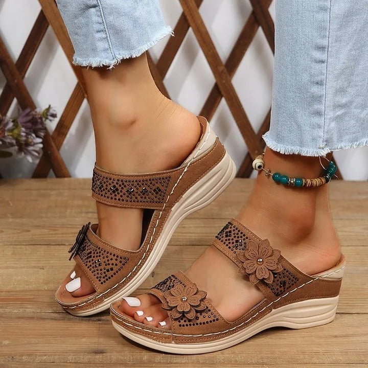 Zealbonn™ Floral Leather Wedge Platform Orthopedic Sandals