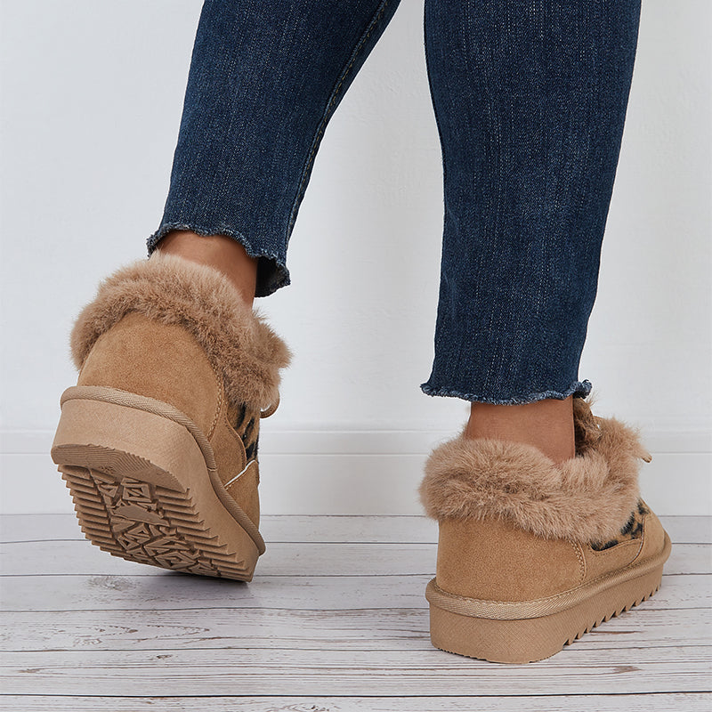 Leopard Lace Up Warm Flats Snow Boots Faux Fur Lined Loafer Shoes