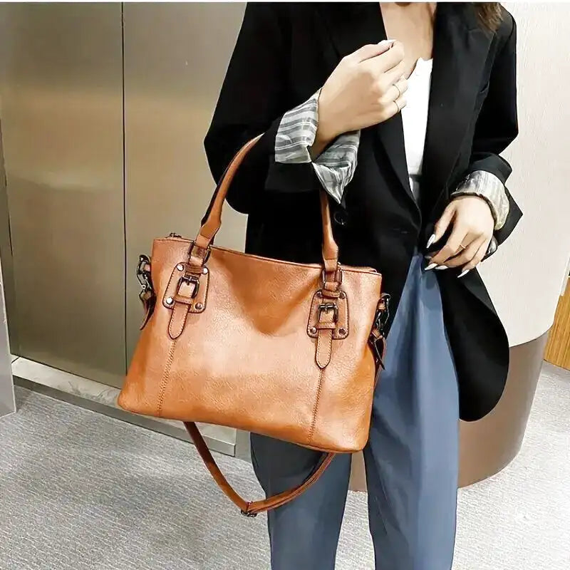 Spacious Vintage Leather Tote Bag with Strap