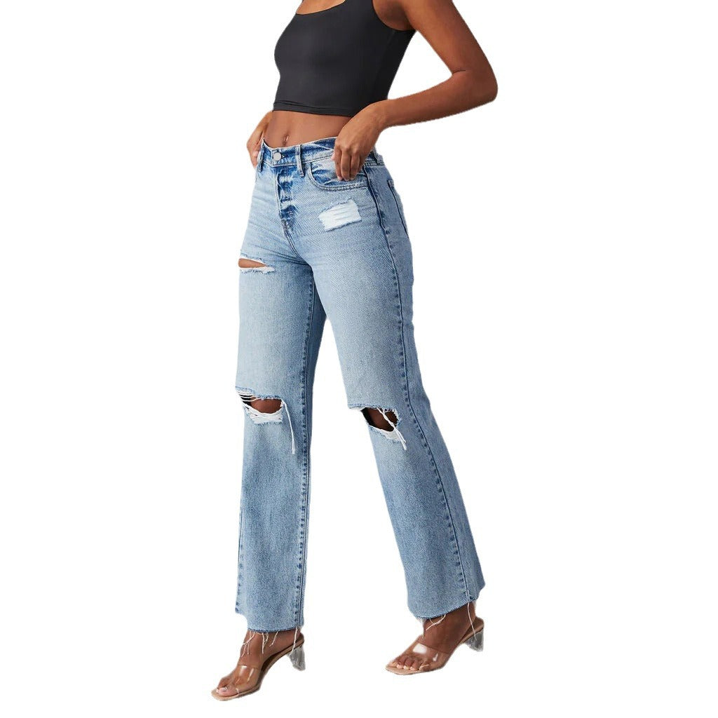 Women's Casual Blue Denim Straight Leg Ripped Jeans with Raw Hem