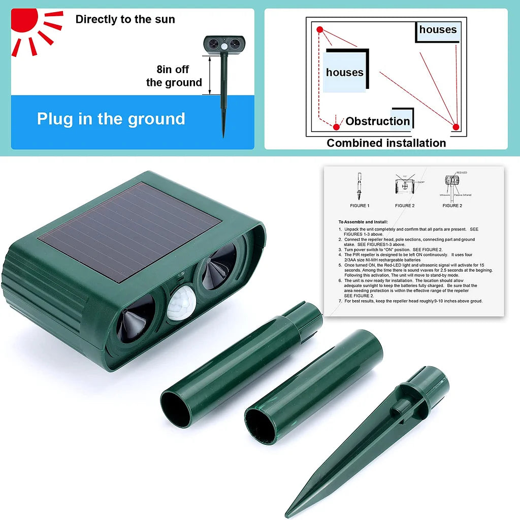 Solar Power Ultrasonic Animal Pest Repeller Infrared Sensor Waterproof Animal Deterrent