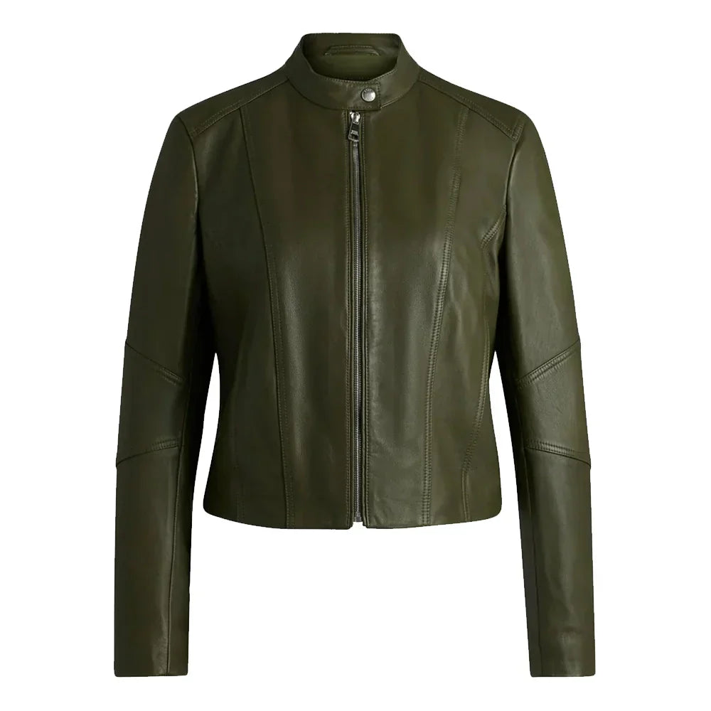 Women's Leather Jacket Forest Green - OutfitLondon